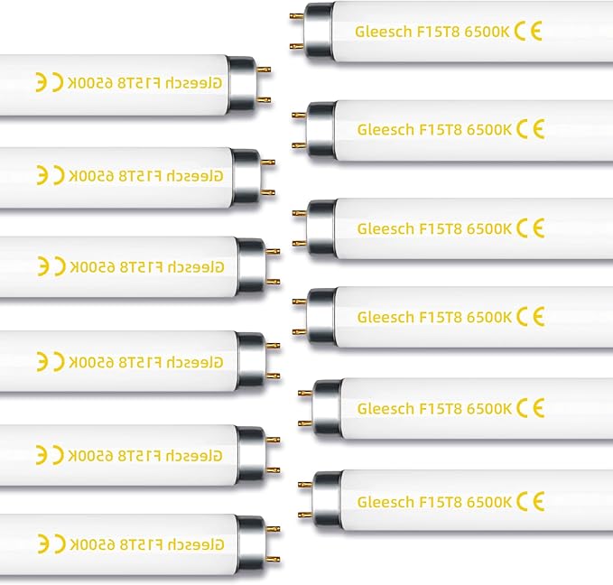 15W 18" T8 Linear Fluorescent Light Tube Bulb, 1.5 Feet F15T8 DL Medium Bi-Pin G13 Base 6500K Daylight 12 Pack