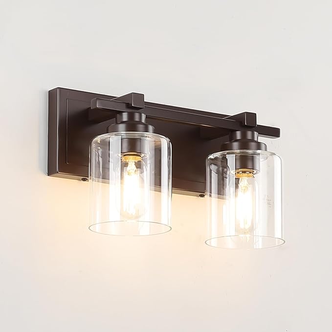 2 Light Modern Bathroom Light Fixtures Over Mirror, Bronze Finish Vanity Lights for Bathroom Wall Sconces with Clear Glass Shades, E26 Socket (Bulbs Not Included)