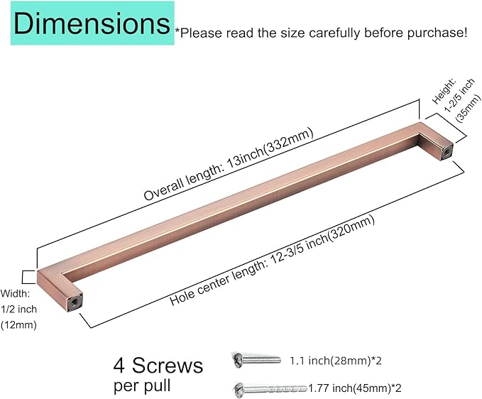 10 Pack Drawer Handles 12-3/5 Inch Hole Center Antique Copper Stainless Steel Square Cabinet Pulls Long Cabinet Handles Drawer Pulls Cupboard Handles Kitchen Hardware