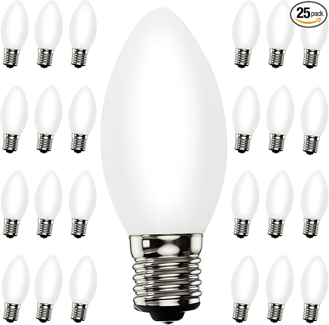 25 Pack C9 Christmas White LED Light Bulb,Vintage Warm White Plastic C9 Replacement Bulbs Shatterproof C9/E17 Intermediate Base 0.6 Watt Great for Night Lights Christmas Outdoor String Lights