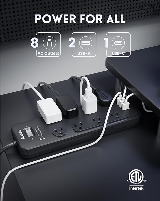 Surge Protector Power Strip 6FT, PLUGTUL Surge Protector with 8 Outlets - Spacious Design for Large Plugs, Flat Plug, 20W USB C Charging for Home, Office, ETL Listed, 2040J