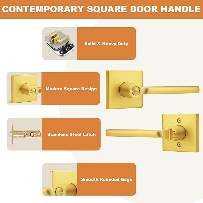 Probrico Gold Privacy Door Handle Lockset Heavy Duty Square Satin Brass Interior Door Lever for Bedroom or Bathroom Reversible Keyless Handleset Door Knob Slim Handed Levers, 2 Pack