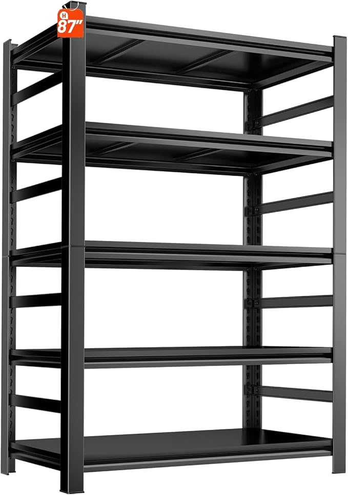 Garage Shelving Units, Heavy Duty 5-Tier Storage Shelves, Metal Adjustable Storage Rack, Steel Shelves, 2750 lbs Capacity, Industrial Shelving for Heavy Tools (Black, 23.62"Dx47.24"Wx77.44"H, 5-tier)