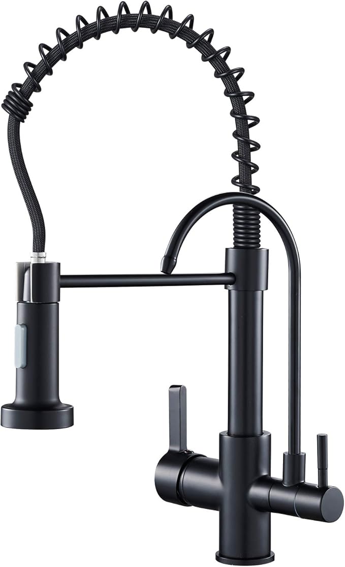 MENATT Commercial Matte Black Brass Faucet, High Arc 3 in 1 Kitchen Sink Faucet with Pull Down Sprayer, RO System Water Filter Integrated