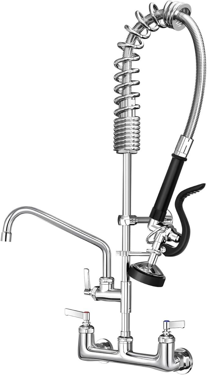 Commercial Kitchen Faucet Heavy Duty Wall Mount Sink Faucet, 8 Inch Center 25 Inch Commercial Kitchen Faucet with Pre-Rinse Sprayer （Black） and 10 Inch Add-On Spout for 1,2,3 Compartment Sinks