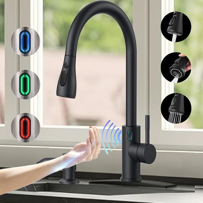 Touch-Less Kitchen Faucet, 3 Modes Pull Down Sprayer, LED Temperature Control,Sensor Activated,Ceramic Valve, 360-Degree Rotation, 1 or 3 Hole Deck Plate. 10-Year Warranty. (KW-78R, Black)