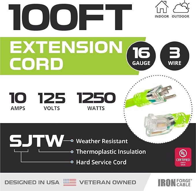 Iron Forge Cable Weatherproof 100 Ft Outdoor Extension Cord - 16/3 SJTW 13 Amp Heavy Duty Neon Green High Visibility Cable with 3 Prong - Lighted End
