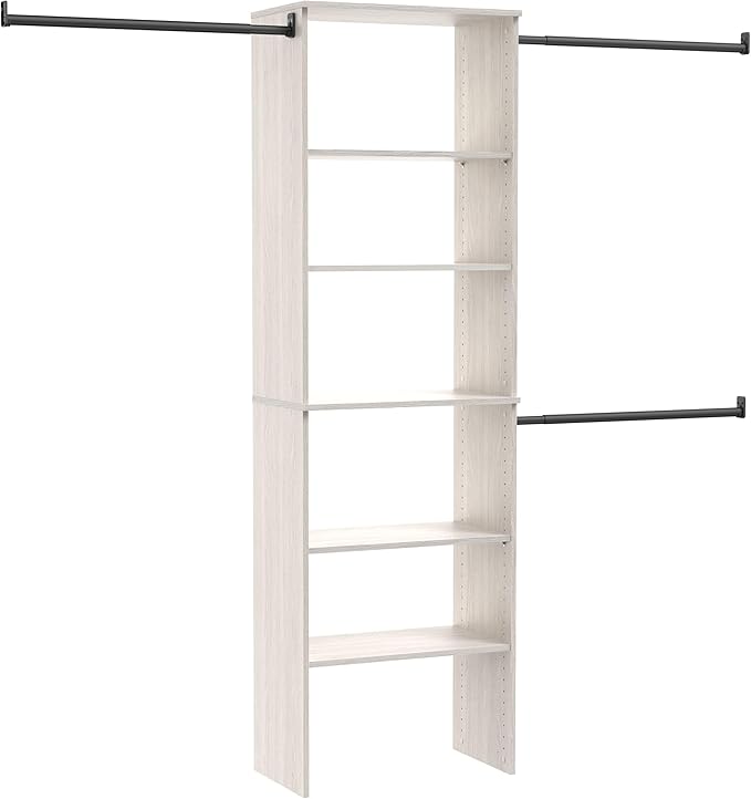 ClosetMaid SuiteSymphony Wood Closet Organizer Kit with Tower, (3) Hang Rods, (5) Shelves (2-Adjustable), Fits Spaces 5-10 ft. Wide, White Timber