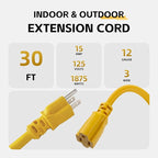 30 Ft Outdoor Extension Cord - 12/3 SJTW Heavy Duty Yellow Extension Cable with 3 Prong Grounded Plug - Power Cord for Lawn, Garden, Appliances