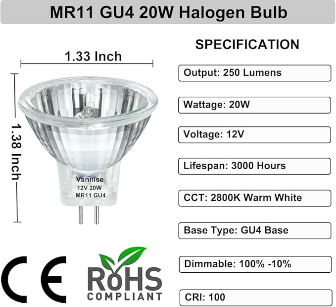 GU4 Bulb 20W 12V, 6 Pack GU 4 Base MR11 Halogen Bulb, GU4 Bulb Dimmable with Glass Cover, Fiber Optic Light Bulbs 2800K Warm White, MR11 12V 20W for Landscape, Accent, Track Lighting