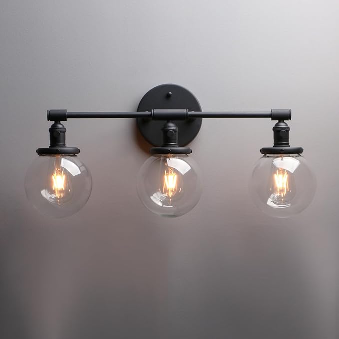 Phansthy 3-Light Wall Sconces Antique Brass Vanity Light, Industrial Wall Lamps with On Off Switch and Clear Glass Lampshade, Vintage Wall Lighting for Bathroom Living Room (Black, Globe Shade)
