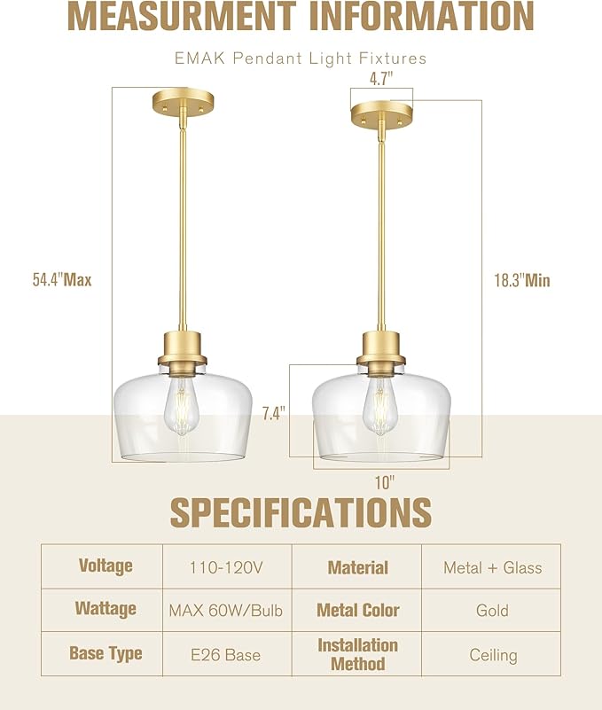 Emak Modern Gold Pendant Lights Kitchen Island, 10 Inch Large Pendant Light Fixtures with Clear Glass Shade for Kitchen, Dining Room, Entrance, PL126-GD-CG