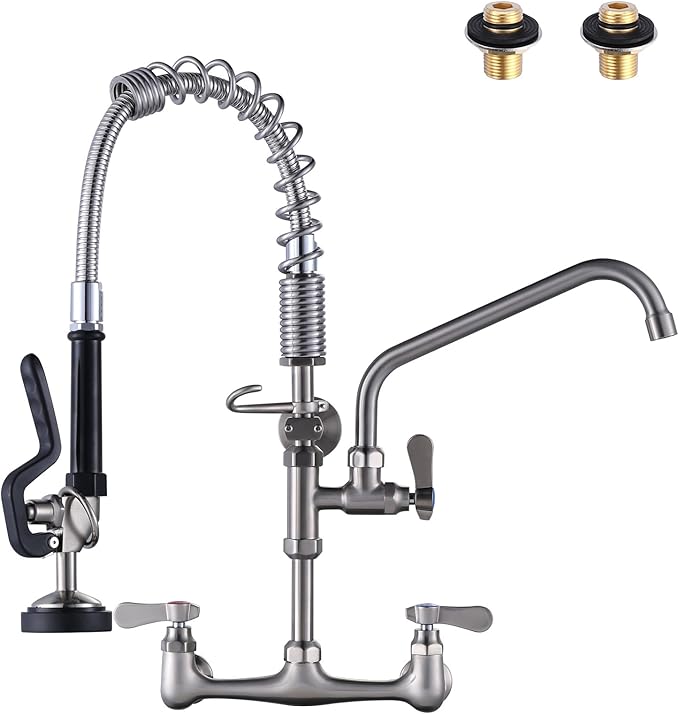 [New Upgrade] Brushed Nickel 21" Height Commercial Kitchen Faucet with Pre-Rinse Sprayer 8 Inch Center Wall Mount Kitchen Sink Faucet with 10" Add-on Swing Spout for 1/2 Compartment Sink