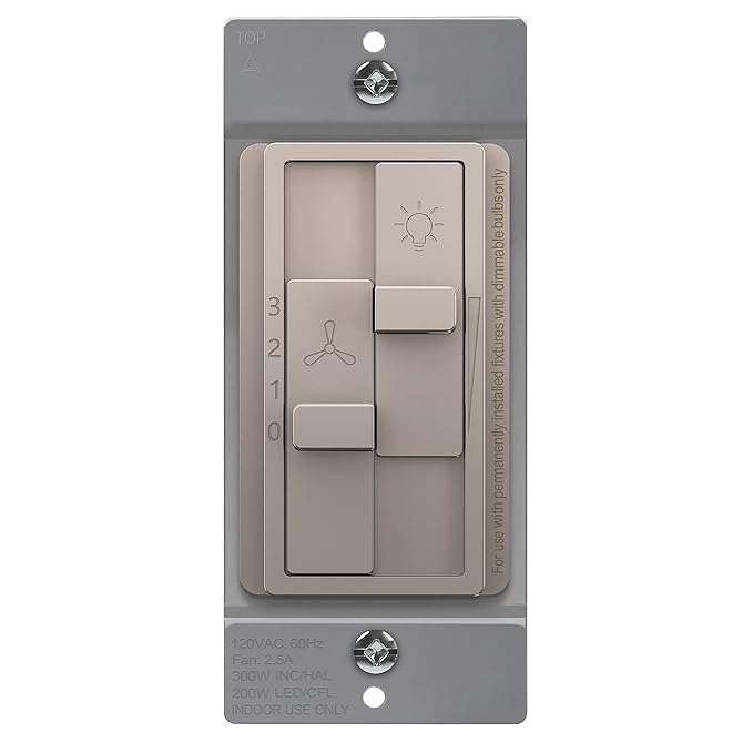 TOPGREENER Kalide Combo Dimmer Switch with 3-Speed Fan Control, Light and Fan Combination Switch, Single Pole, 2.5A, 200W LED/CFL, Neutral Wire Not Required, TGDSFS3-NK, Nickel