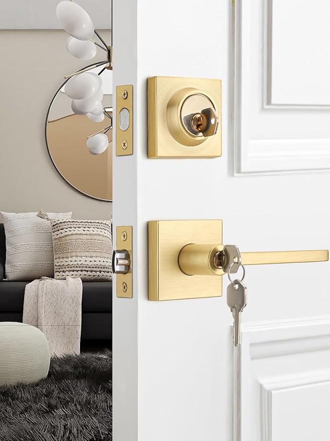 2 Sets Entry Door Handle and Single Cylinder Deadbolt Lock and Key Combo Pack - Heavy Duty Square Locking Lever Set - Interior/Exterior Door Levers in Satin Brass Finish