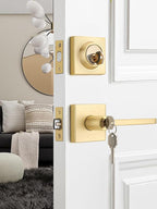 4 Sets Entry Door Handle and Single Cylinder Deadbolt Lock and Key Combo Pack - Heavy Duty Square Locking Lever Set - Interior/Exterior Door Levers in Satin Brass Finish