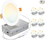 LVWIT Ultra-Thin Recessed Lighting 6 Inch with Junction Box, 1200LM 2700K-5000K 5CCT LED Ceiling Lights, Dimmable Canless Wafer Downlight, ETL,FCC&IC, Smooth Trim, 6 Pack