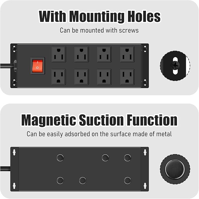 HHSOET Metal Magnetic Power Strip, 8 Outlet Mountable Socket, Wall Mount Heavy Duty Surge Protector, Catering for Your Every Need, Gaming Table Outlet with 10 FT Power Cord.(Black)