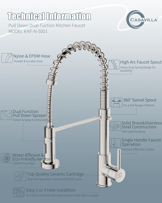 Kitchen Faucet, Commercial Kitchen Sink Faucets with Pull Down Sprayer, Stainless Steel Faucets for Kitchen Sinks, Dual Function Spray Head, Single Handle Spring Kitchen Faucets -Brushed Nickel