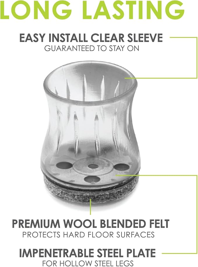 Slipstick GorillaFelt Chair Leg Floor Protectors for Hardwood Floors, Clear Sleeve Felt Pads for Furniture That Stay On, Fits Round & Square Legs, Includes 8 Premium Transparent Chair Socks, CB184