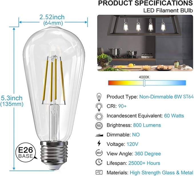 Jensense Edison LED Light Bulbs E26 Bulb 60 watt Equivalent Dimmable Light Bulbs 4000K Natural White Vintage 7W Edison Bulbs 110V 120V 800 Lumen CRI90, 6 Pack
