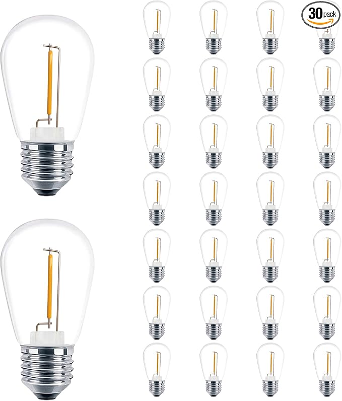 30 Pack S14 Edison Light Bulbs, Shatterproof LED Replacement Bulbs for String Lights, Patio Low Wattage LED Filament Clear Bulb, E26 Medium Base, Warm White 2200K, Non-Dimmable