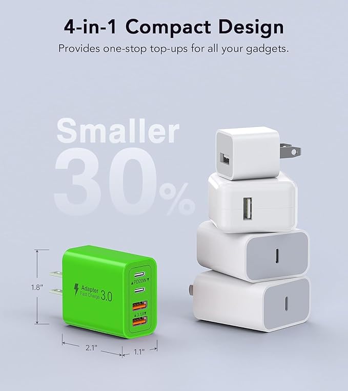 2 Pack USB C Charger, 40W Fast Charge Cube, 4-Port QC+PD Wall Plug,Multi-Port Type C Power Adapter for iPhone 17 16 15 14 13 12 Pro Max XS XR 8,Galaxy S24,Nexus,HTC,Google Pixel,and More(Green)