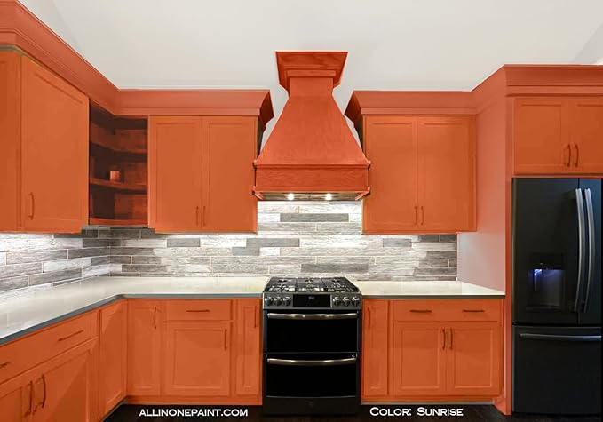 ALL-IN-ONE Paint, Durable cabinet and furniture paint. Built in primer and top coat, no sanding needed. Includes our 30 featured color card - Sunrise (orange-coral), Quart