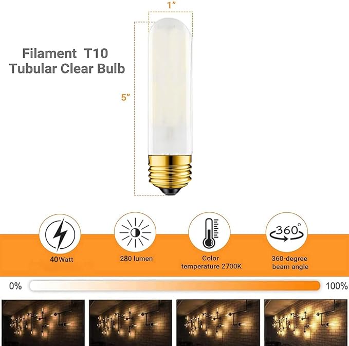 40 Watt T10 Clear Tubular Incandescent Light Bulb, Vintage Style Showcase Bulb,Showcase lamp, 2700K Soft White, E26 Medium Base, 280 Lumens (Misty White)