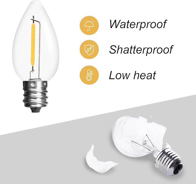 Jslinter 25Pack C7 LED String Light Bulbs Replacement, 1W(11W Equivalent), 60LM, 2200K Warm White, Shatterproof, E12 Screw Base, Vintage Edison Bulbs for Patio Garden