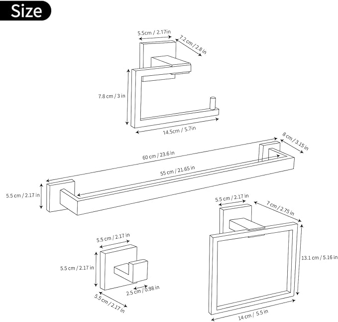 YACVCL 5 Pieces Bathroom Hardware Set, Black and Gold Towel Bar Set, 23.6 inch Towel Bar Hand Towel Holder Wall Mounted Stainless Steel