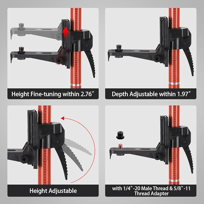 Laser Level Pole with Tripod, Telescoping Tripod, 12 Ft./3.7M with 1/4-Inch by 20-Inch Lasers' Mount for Rotary and Line Lasers' Level, 5/8"-11 Adapter Nut Included, Red