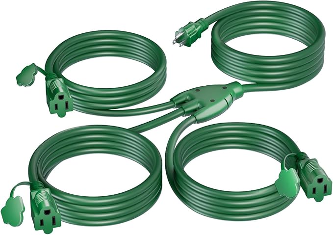 K KASONIC - 25 FT Halloween Lights Outdoor Extension Cord 1 to 3 Splitter, 3 Prong Outlets Plugs, 16AWG/3C SJTW Weatherproof Wire for Holiday Decoration Light, ETL Listed, Green