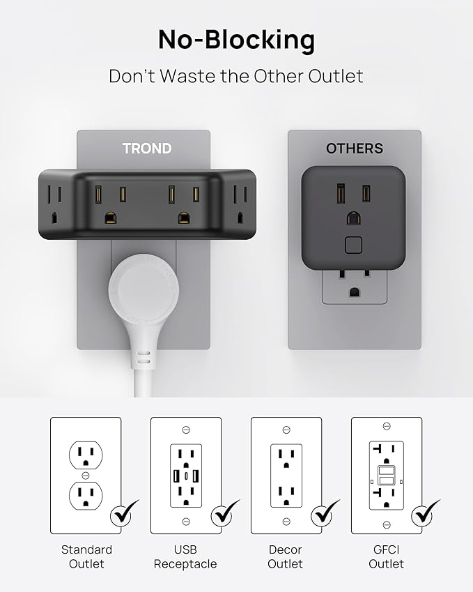 TROND Outlet Extender Surge Protector 2 Pack - Multi Plug Wall Outlet with 4 Grounded Sockets, Angled Wall Plug Splitter, 900J, Multiple Adapter for Home Office Travel Dorm Room, Black