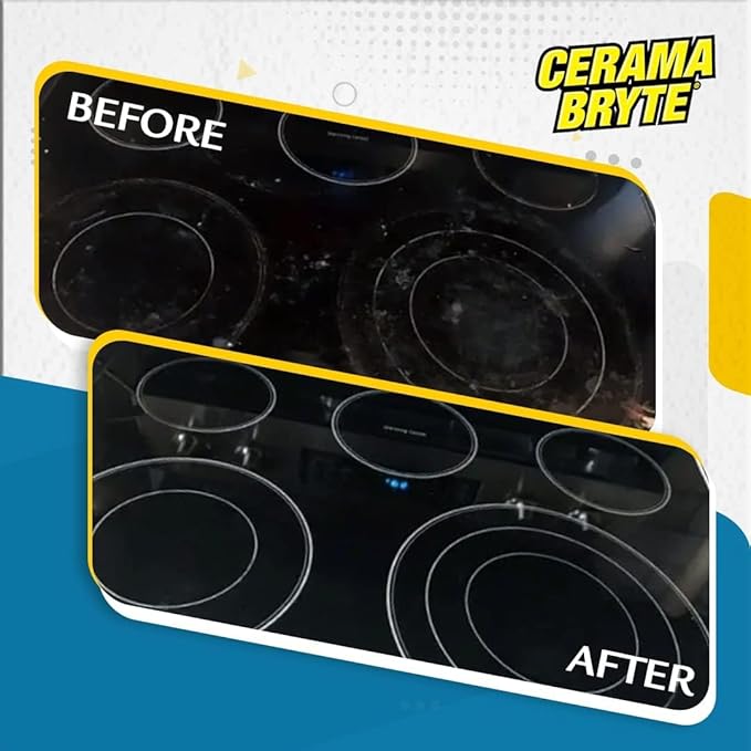 Cerama Bryte Glass Cooktop and Stove Top Cleaner Combo Kit - Includes Cleaning Tool, Razor, Scraper and 1 Pad to Remove Tough Stains - Use on Gas, Electric, Ceramic Surfaces, 18 Ounces, 4 Piece