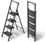 WOA WOA 4 Step Ladder, Foldable Ladder with Wide Pedals and Handle, Sturdy Ladders for Home and Kitchen with Anti-Slip Feet, Supports up to 330 lbs - Black