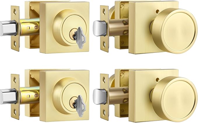 Haidms Brushed Gold Door Knob with Deadbolt, Zinc-Alloy Gold Exterior Door Knobs, Heavy Duty Brass Front Door Knob and Deadbolt Set(2 Pack)