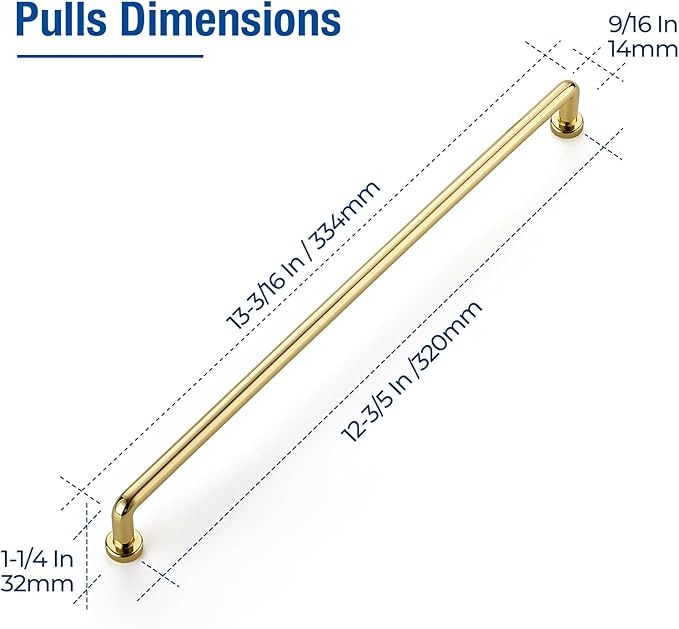 JOY DECOR Cabinet Pulls – 12-3/5 Inch Hole Center, Polished Brass, 5 Pack, Zinc Alloy Cabinet Handles for Drawers & Cupboard – Vintage Style Hardware for Kitchen, Bathroom, Dresser, Furniture Makeover