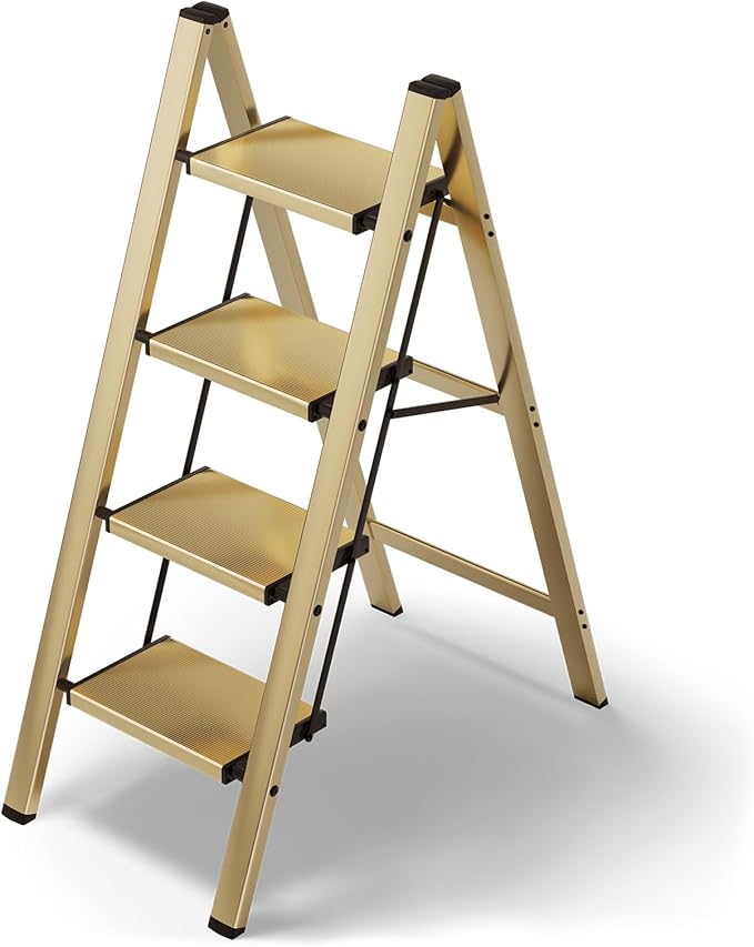 HillhutApex 4 Step Stool, Aluminum Foldable Step Ladder, Lightweight Stable Stool with Wide Non-Slip Pedals, 330lbs Bearing Capacity Ladder for Office,Home,Kitchen - Gold