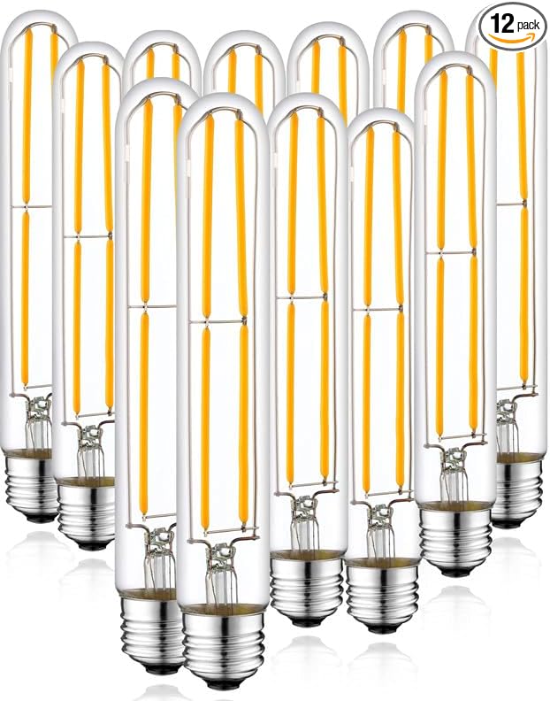Long T10 LED Bulb, 7.3in Vintage Edison Dimmable Bulb 6W 2700K Warm White Tubular Bulbs, E26 Medium Base Clear 600LM 60W Equivalent for Cylinder Pendant Wall Sconces Chandelier Vanity 12Pack