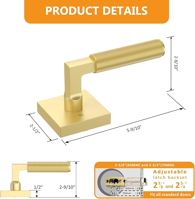 Amerdeco 5 Pack Privacy Door Handles - Brushed Gold Interior Lever, Heavy Duty for Bedroom and Bathroom, Knurled, Reversible Keyless for Right & Left Side AM0021