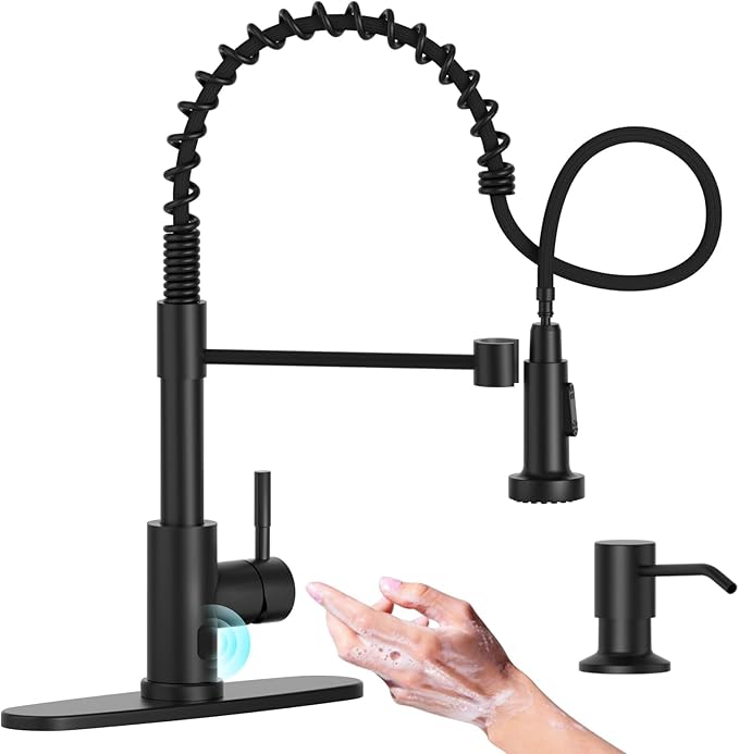 APPASO Black Touchless Kitchen Faucet with Soap Dispenser, Motion Sensor Activated Hands-Free Automatic Faucet for Sink with Pull Down Sprayer, Single Handle Smart Faucets for Kitchen Sink