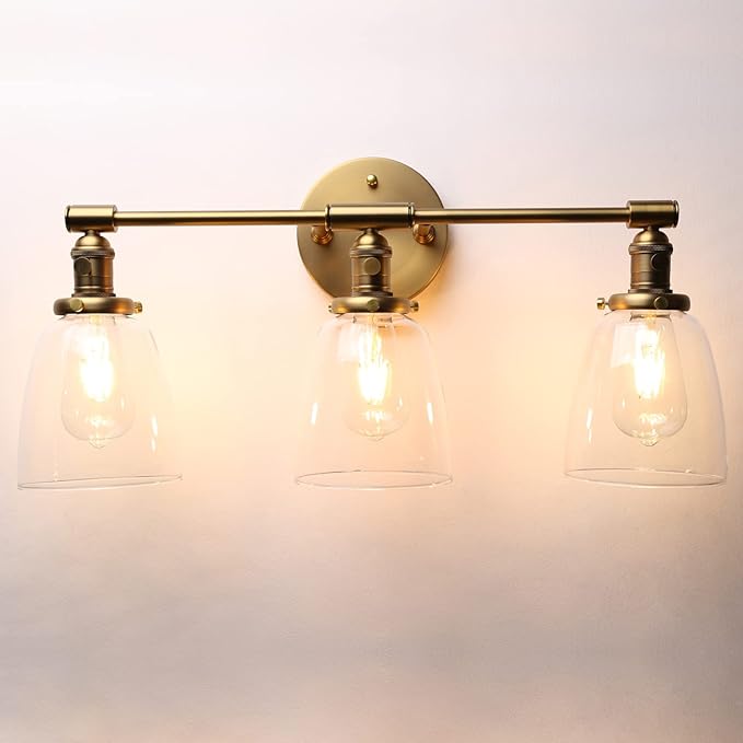 Phansthy 3-Light Wall Sconces Antique Brass Vanity Light, Industrial Wall Lamps with On Off Switch and Clear Glass Lampshade, Vintage Wall Lighting for Bathroom Living Room (Antique, Bell Shade)