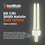 GoodBulb 26 Watt CFL Light Bulbs 2 Pin G24D-3 Base 3000K Warm White 26W High Output 1800 Lumens Double Tube Compact Fluorescent Light Bulbs Plug-in 10 Pack