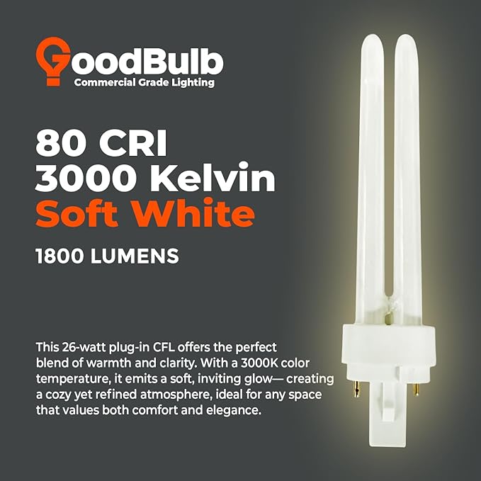 GoodBulb 26 Watt CFL Light Bulbs 2 Pin G24D-3 Base 3000K Warm White 26W High Output 1800 Lumens Double Tube Compact Fluorescent Light Bulbs Plug-in 10 Pack