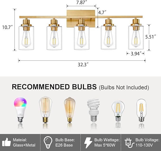 5 Light Gold Bathroom Light Fixtures Brushed Brass Vanity Light Over Mirror Modern Wall Lighting Sconces Wall Lamp for Bathroom, Bedroom, Living Room E26 Socket with Glass Shade