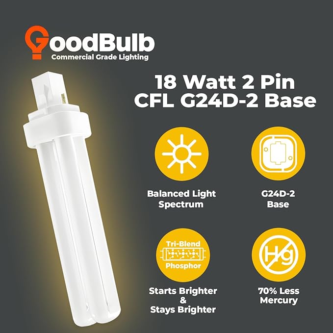 GoodBulb 18 Watt CFL Light Bulbs 2 Pin G24D-2 Base 2700K Soft White 18W High Output 1200 Lumens Double Tube Compact Fluorescent Light Bulbs Plug-in 10 Pack