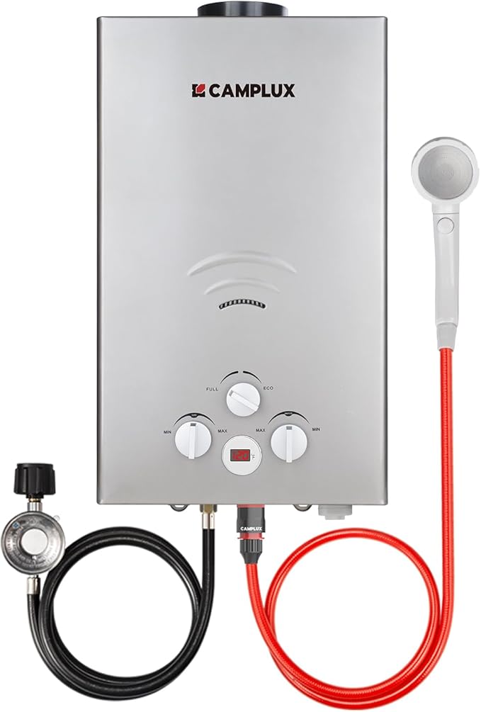 CAMPLUX Tankless Water Heater - 2.64GPM Portable Propane Heater for Off Grid, Camping, Outdoor Shower - 68,000 BTU - BW264G - Gray