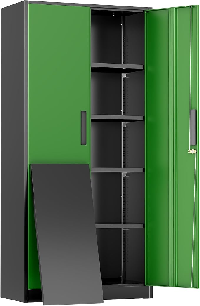 Greenvelly Metal Garage Storage Cabinet, 72" Black Green Tool Steel Locking Cabinet with Doors and 4 Shelves, Tall Cabinets for Garage Storage Systems Lockable File Cabinet for Home Office,Garage