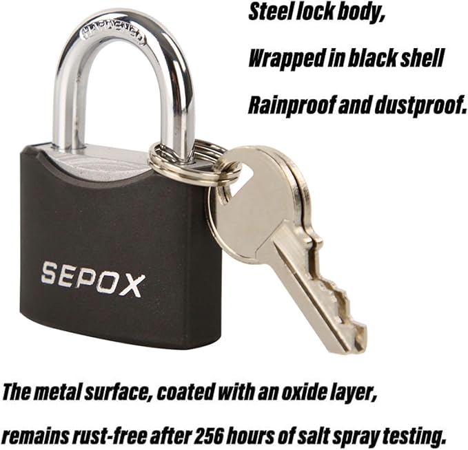 SEPOX® Twins 1-9/16" All-Weather Outdoor Padlocks Keyed Alike, Short Shackle, Solid Steel Lock, Heavy-Duty with Black Cover, Design for Gate Fence Cabinet Toolbox School Gym Locker with 2pcs Same Key